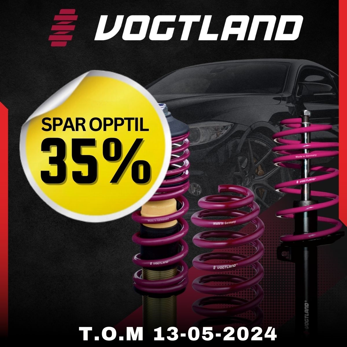 Spar opptil 35% på Vogtland; senk bilen med deres coilovers, senkesett eller sportsunderstell.
